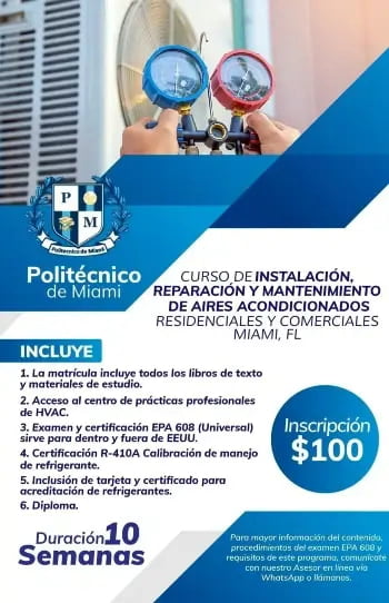 Manos ajustando manómetros en unidad de aire acondicionado, imagen para curso intensivo de HVAC en el Politécnico de Miami.